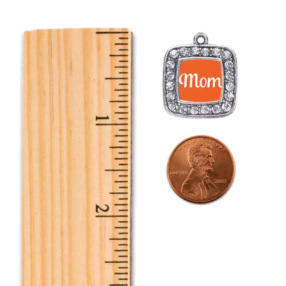 Silver Orange Mom Square Charm Dangle Earrings