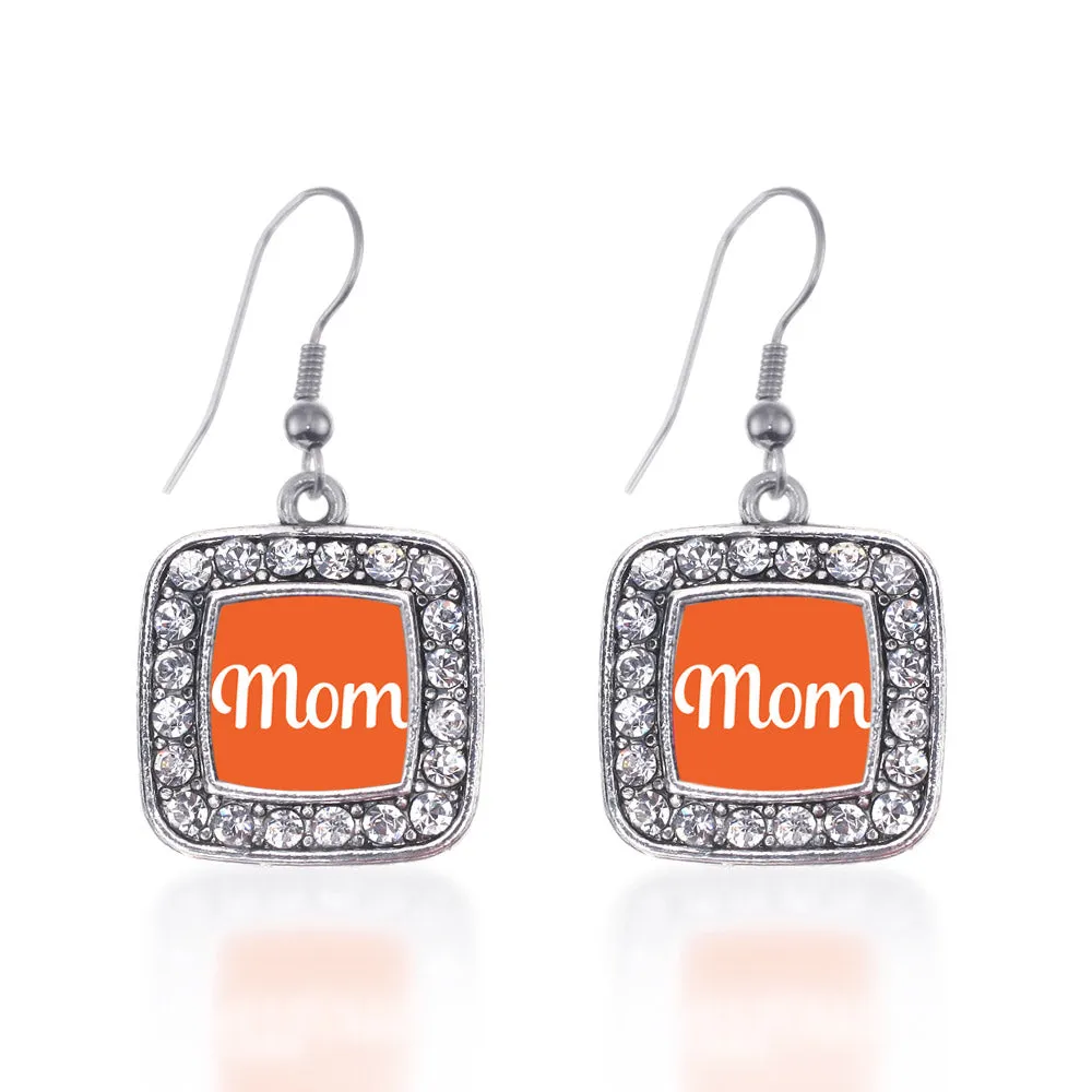 Silver Orange Mom Square Charm Dangle Earrings