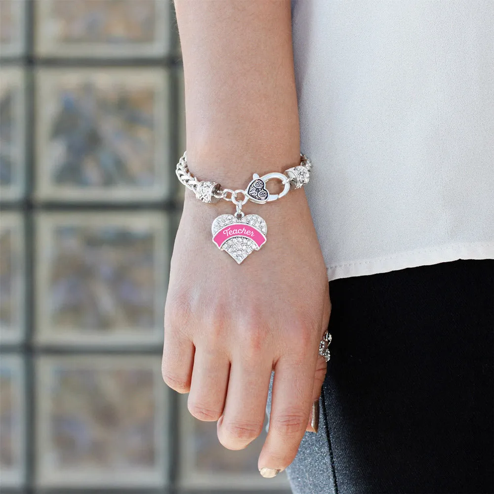 Silver Pink Teacher Pave Heart Charm Braided Bracelet