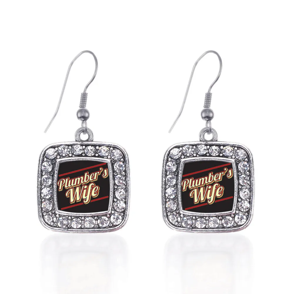 Silver Plumber's Wife Square Charm Dangle Earrings
