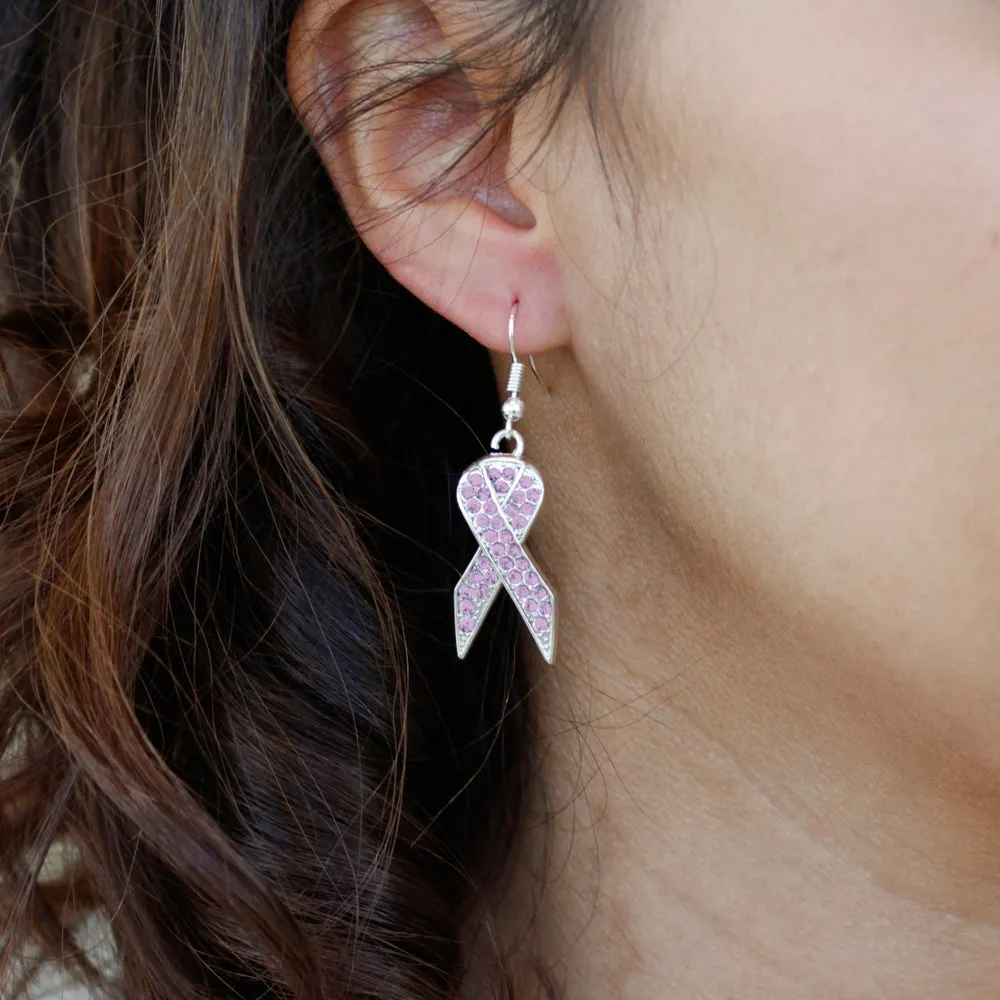 Silver Purple Ribbon Charm Dangle Earrings