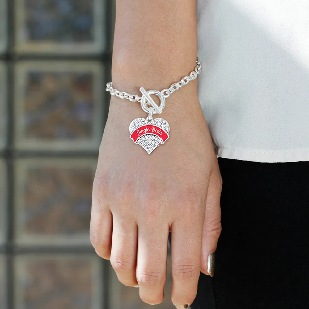 Silver Red Jingle Bells Pave Heart Charm Toggle Bracelet
