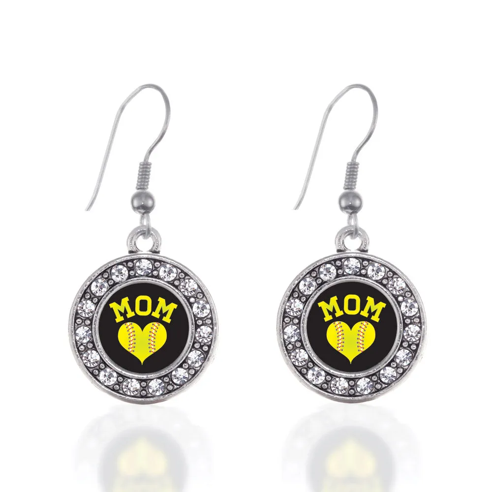 Silver Softball Mom Circle Charm Dangle Earrings