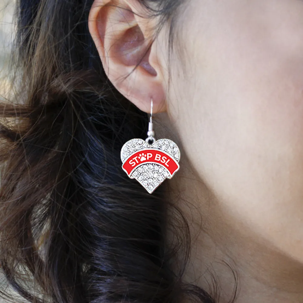 Silver STOP BSL - Red Pave Heart Charm Dangle Earrings