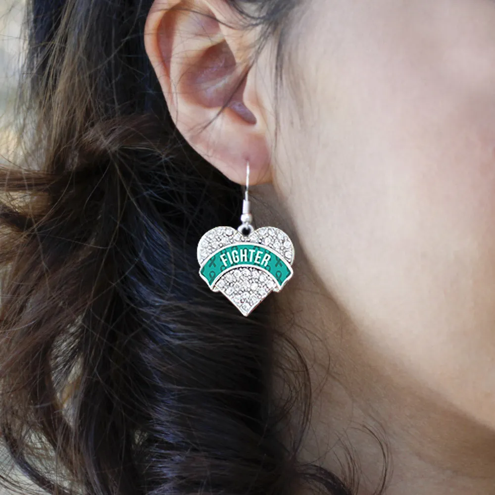 Silver Teal Fighter Pave Heart Charm Dangle Earrings