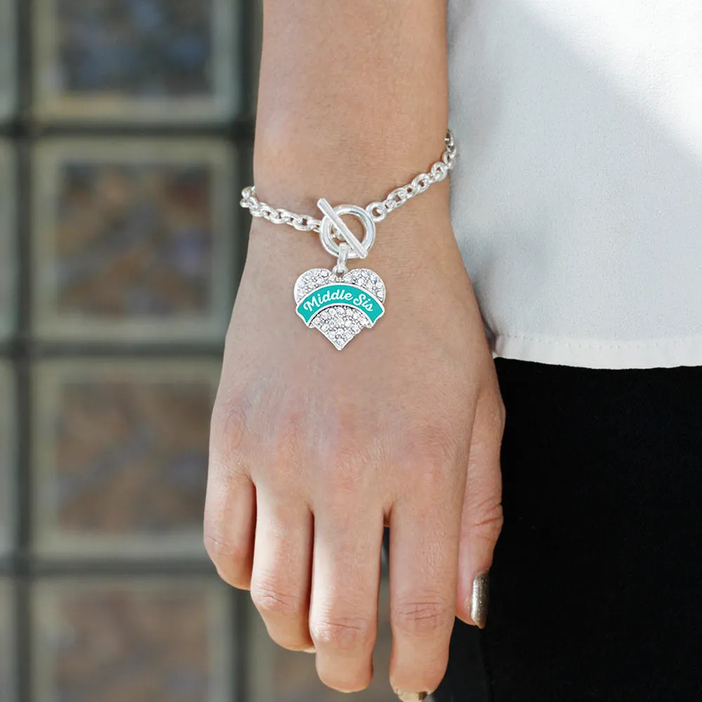 Silver Teal Middle Sister Pave Heart Charm Toggle Bracelet