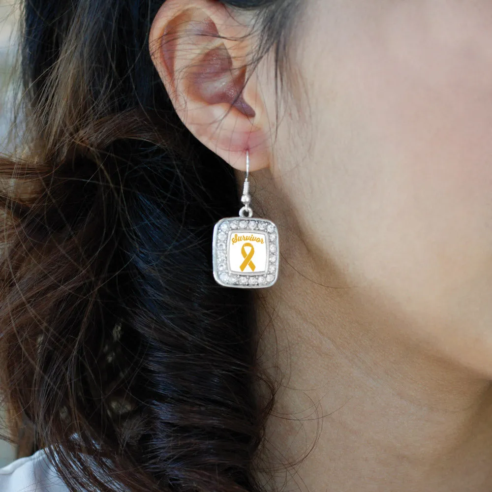 Silver Yellow Ribbon Survivor Square Charm Dangle Earrings