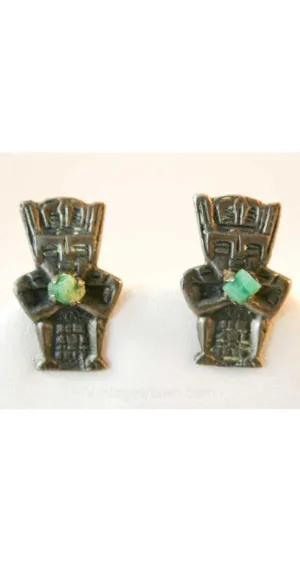 South American Silver Warrior Treasure Earrings - 40s Screw Back Earring - 1940s Incan Colombia - 900 Fine Silverplate - Screwback - 38331-1