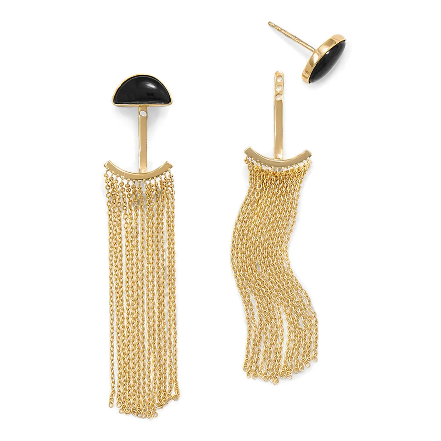 Sterling Silver Gold Plated Black Onyx and Fringe Front Back Earrings