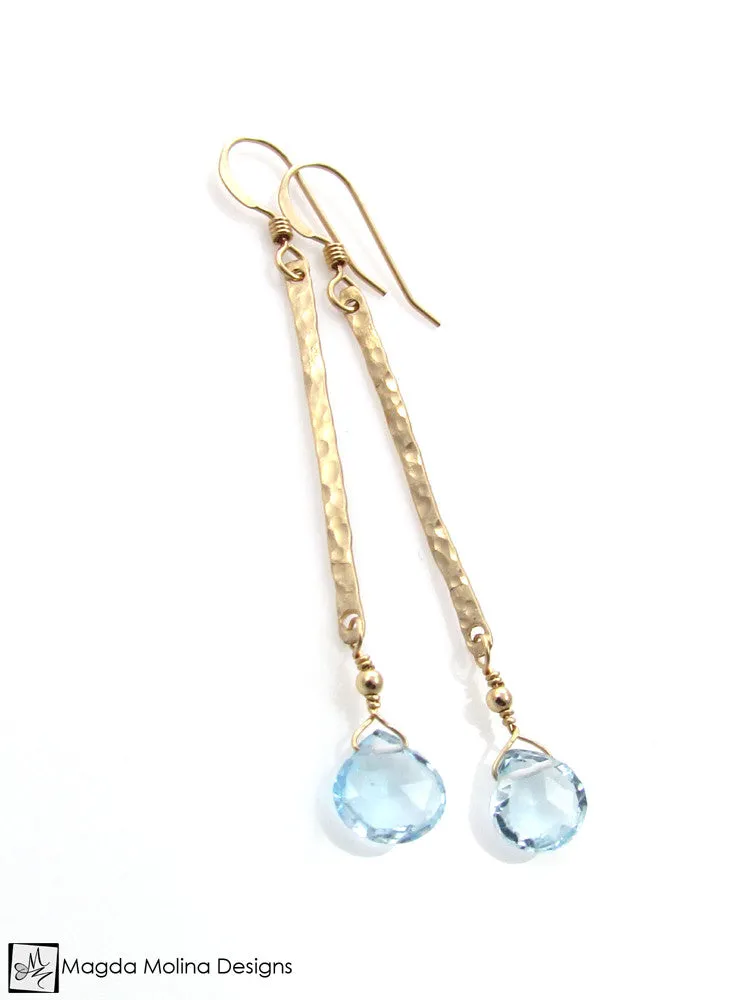 The Something Blue Earrings: Hammered Gold And Delicate Blue Topaz Drop