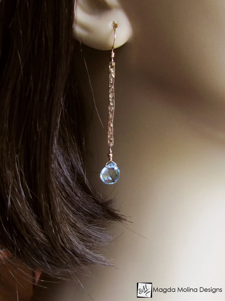 The Something Blue Earrings: Hammered Gold And Delicate Blue Topaz Drop
