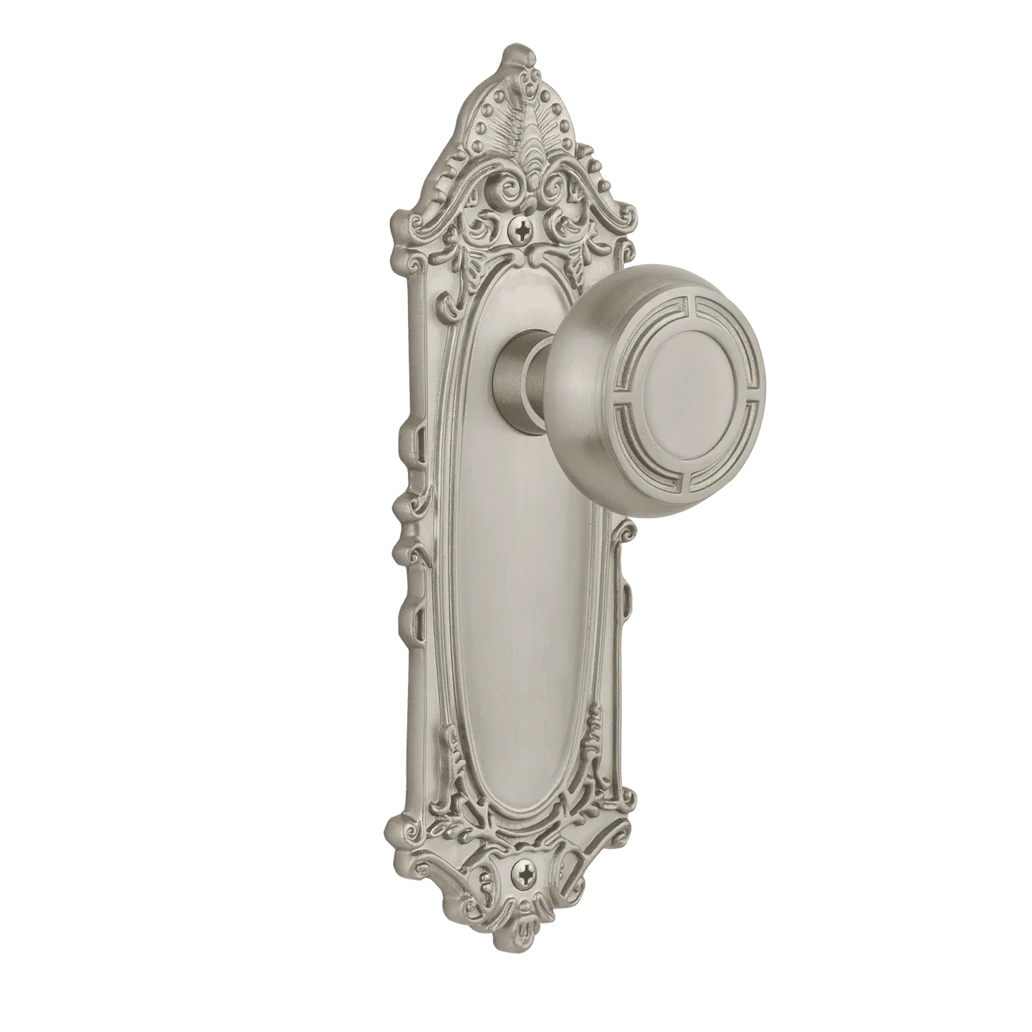 Victorian Long Plate with Mission Knob in Satin Nickel