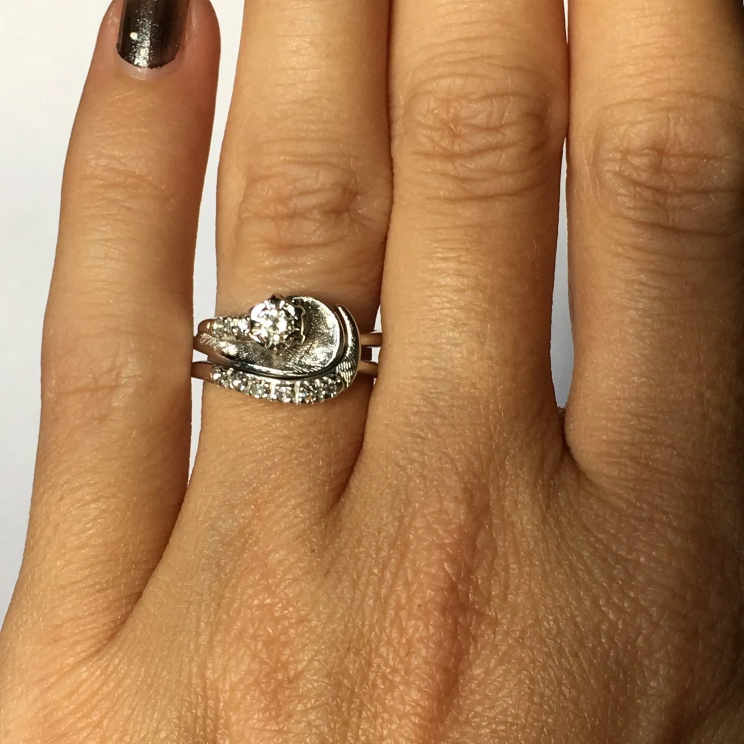 Vintage Wedding Ring Set. Diamond Engagement Ring. Diamond Wedding Band. 0.74 Carats. 14K White Gold Setting. Estate Jewelry. Bridal Set