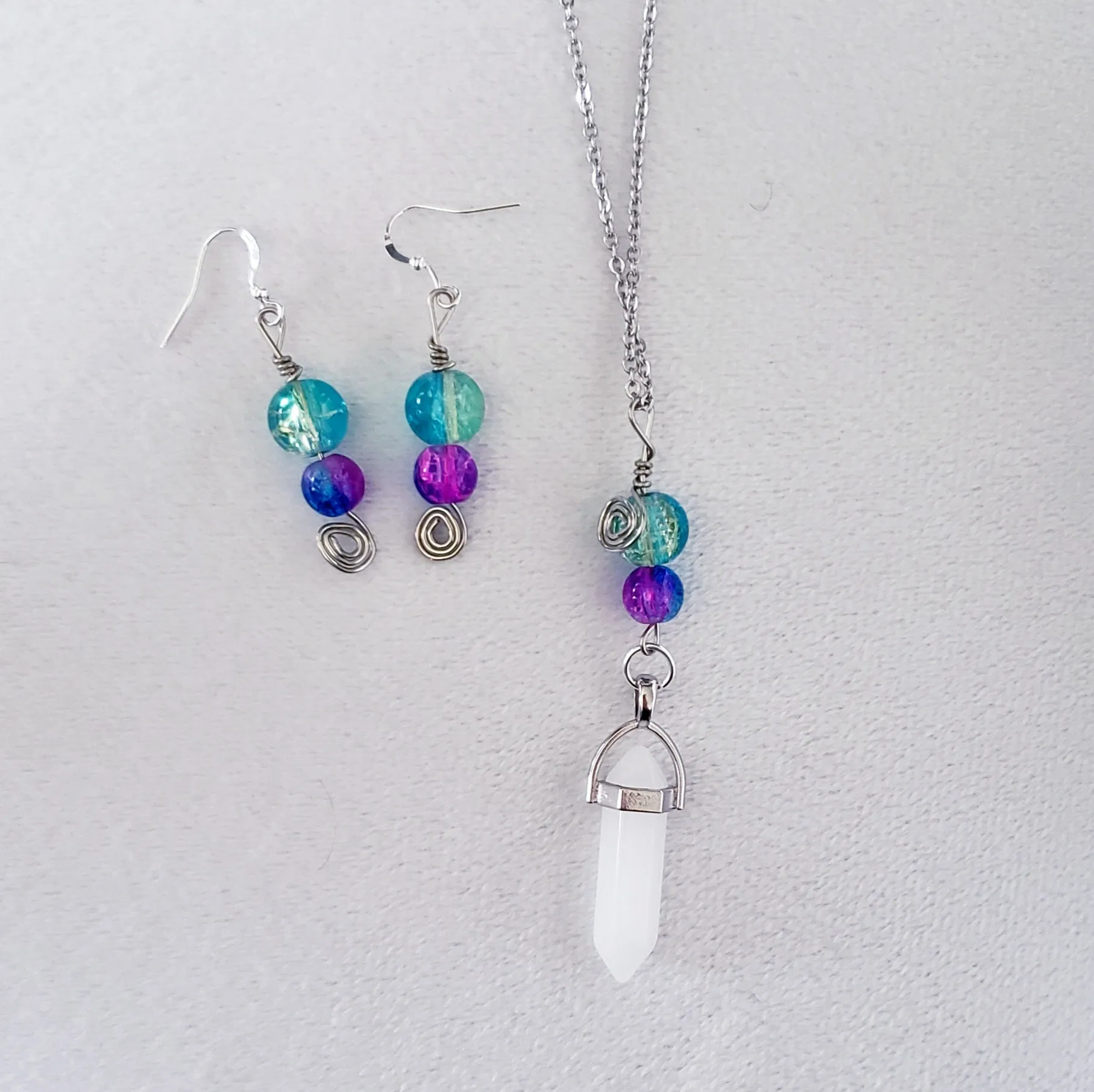 White Crystal Point Pendant Necklace Set Boho Hippie NewAge