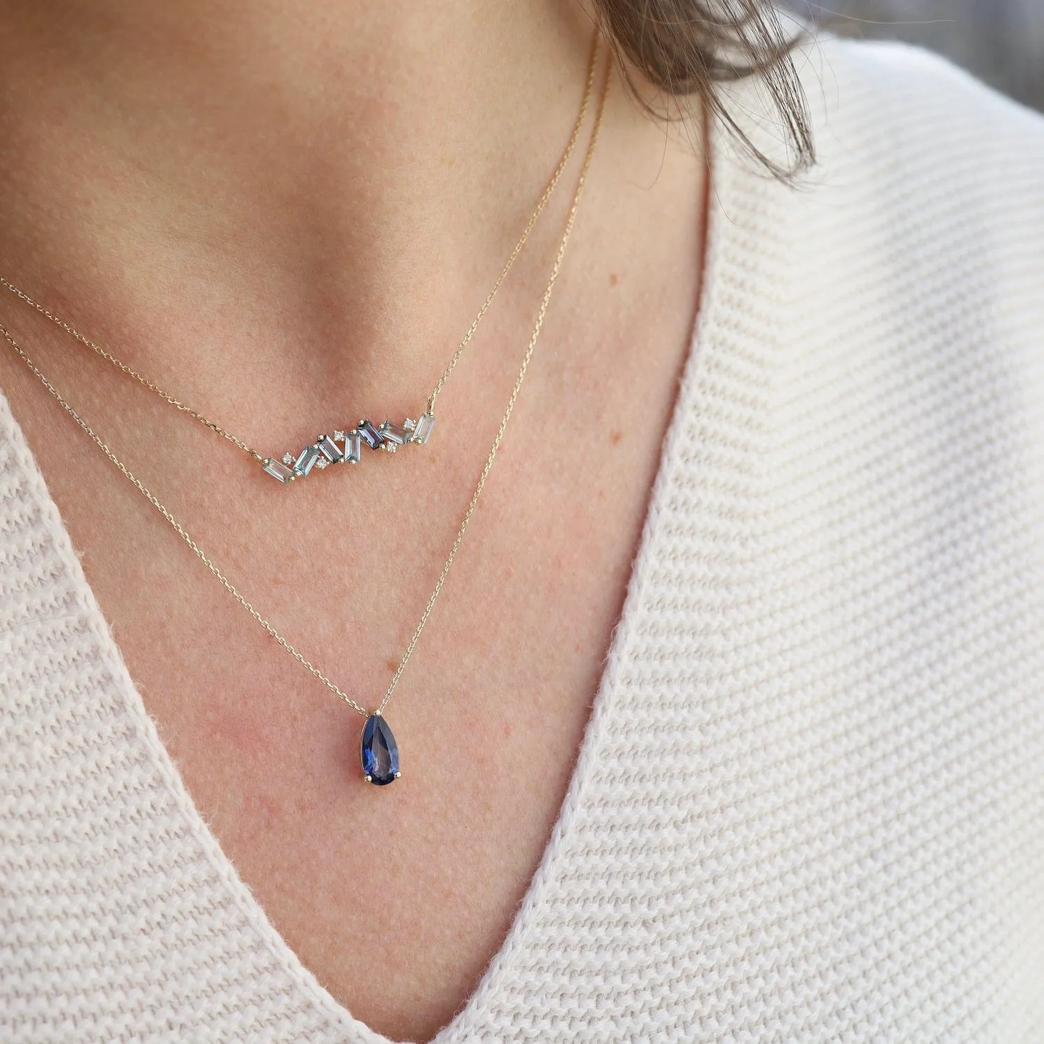 Yellow Gold Frenesia Mixed Blue Topaz Bar Necklace