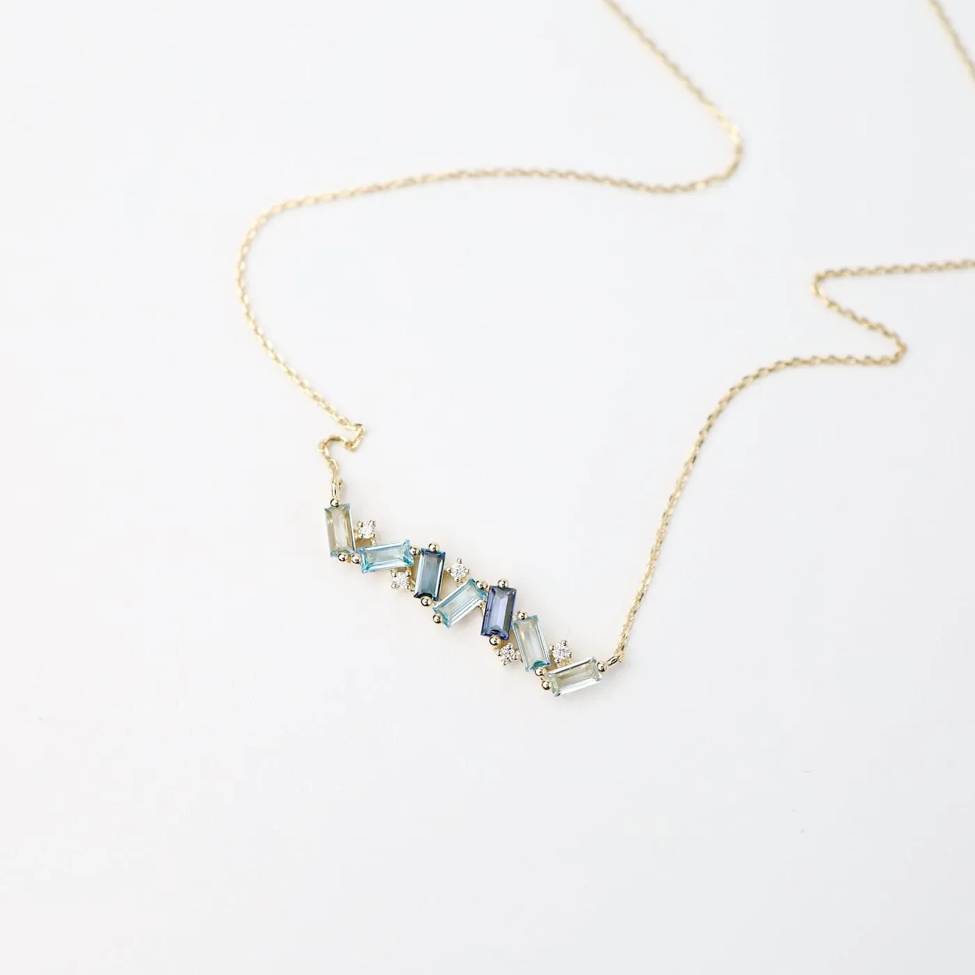 Yellow Gold Frenesia Mixed Blue Topaz Bar Necklace