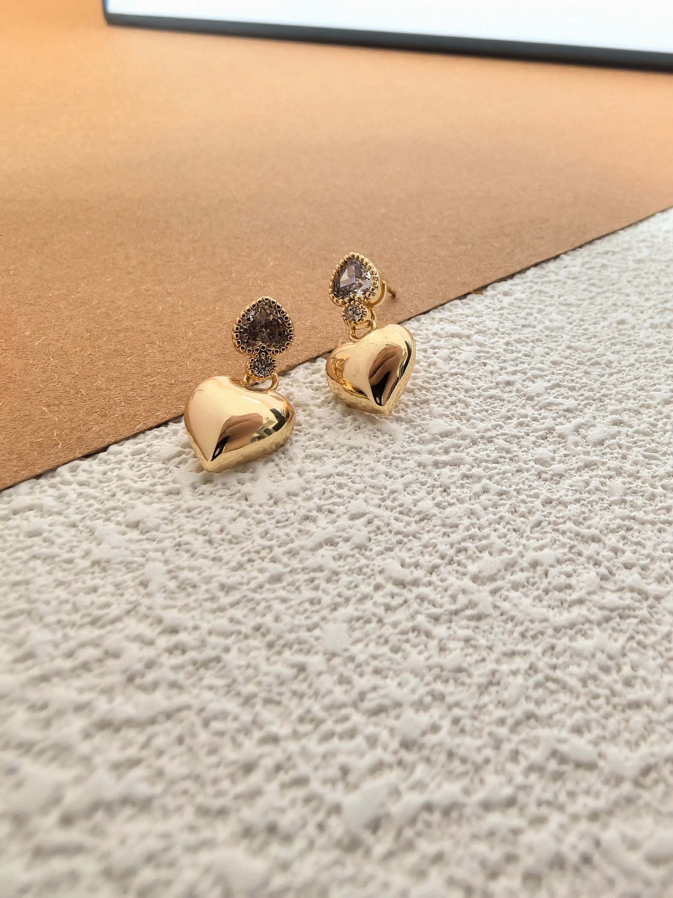 Zircon 19K Gold Plate Heart Stud Dainty Earrings