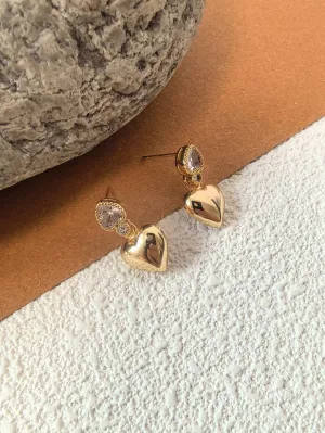 Zircon 19K Gold Plate Heart Stud Dainty Earrings
